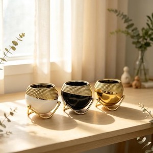 Modern Gold Plated Iron Rust Resistant Powder Coated Flower <b>Pots</b> with Stand Circular Design for Garden <b>Plants</b> Desktop <b>Decor</b> - Product Image 1