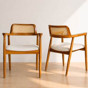 Modern Midcentury Wood Dining <b>Chair</b> with <b>Cane</b> Backrest Upholstered Linen Seat for Home Furniture - Product Image 1