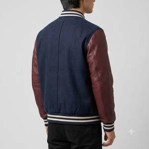 Men's Navy Blue Varsity Jacket With Burgundy Leather Sleeves <b>Button</b> Closure Turn-down Collar Casual Autumn Wear - Product Image 2