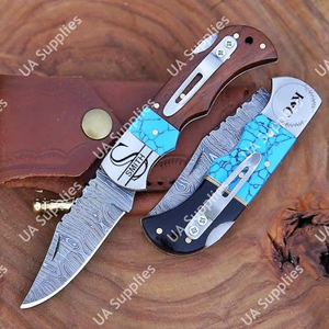 Couteau pliant OEM personnalisé fait main en acier Damas avec lame coulissante à verrouillage arrière, clip de poche et manche en bois de rose naturel et pierre précieuse turquoise UA - Product Image 6