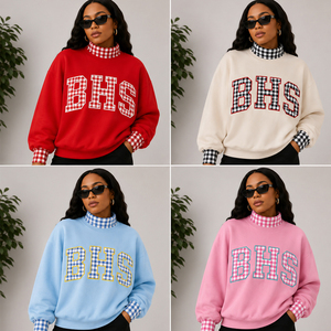 เสื้อสเวตเชิ้ตคอกลมโอเวอร์ไซส์สำหรับผู้หญิง พิมพ์ลายตัวอักษร BHS พร้อมปกและปลายแขนเสื้อแบบกิ๊งแฮม แขนยาวเต็มตัว สไตล์วาร์ซิตี้ คอเต่า - Product Image 5