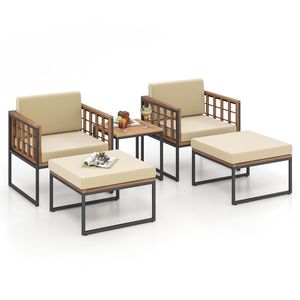 Juego de Muebles de Jardín de 5 Piezas - Silla y Otomana de Madera de Acacia con Mesa de Centro - Estructura Metálica Resistente, Cojines y Fácil Limpieza - Product Image 1