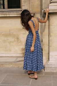 Vestido Midi Boho para Mujer, Azul a Cuadros, Tejido, Ecológico, Vintage, Casual, Holgado, Sin Espalda, Sin Mangas - Product Image 6