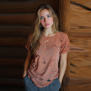 T-shirt tricoté léger en polyester/coton pour femme, style urbain rétro 2026, délavé au soleil, effet vieilli, personnalisé, vintage - Product Image 6