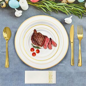 175 pezzi Set stoviglie monouso oro oro bordo oro stoviglie in plastica compresi piatti tazze forchetta cucchiaio coltelli tovaglioli per feste - Product Image 5