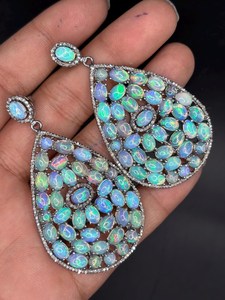 Ethiopian Opal Diamond Earring Pave Diamond Earrings 925 Sterling Silver Handmade <b>Oxidized</b> Dongle Diamond Earring Gift For Her - Product Image 1