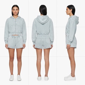 Conjunto Deportivo Casual de 2 Piezas para Mujer, Top Corto con Capucha y Cierre y Pantalones Cortos Lila - Product Image 5