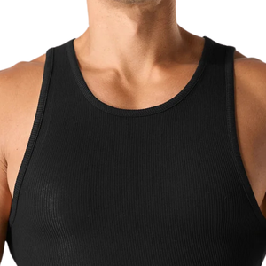 Men's Black Ribbed Tank Top Slim Fit Sleeveless Athletic Vest Lightweight Gym Workout Training Fitness Casual Summer Wear - Product Image 4