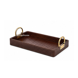 Bandeja Rectangular de Cuero Blanco para Servir con Asas Doradas, Acabado Metálico Pulido de Color Sólido, Uso Residencial - Product Image 2