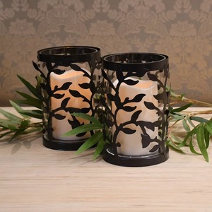 Ensemble de porte-bougies en fer noir avec motif de feuilles découpées, forme cylindrique, pour la décoration de la maison, résistant à la chaleur - Product Image 2