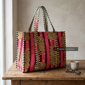 กระเป๋าผ้าฝ้ายพิมพ์ลายเสือแบบควิลท์ทำมือจากเมืองชัยปุระ ขายส่ง เป็นมิตรกับสิ่งแวดล้อม ขนาดใหญ่ ใช้ซ้ำได้ เหมาะสำหรับสะพายไหล่หรือใส่ของช้อปปิ้ง - Product Image 5