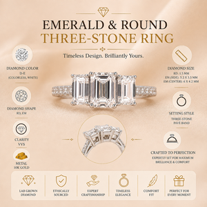 Bague en or 14 carats avec émeraude ronde et diamant créé en laboratoire |   Bague de fiançailles pavée de trois pierres |   Bijoux de Mariage de Luxe pour Femmes - Product Image 5