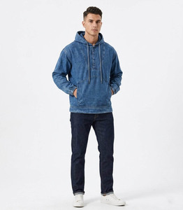 Veste à capuche unisexe en jean décontracté vintage avec cordon de serrage, coupe ajustée, délavage clair, coton écologique, pour l'automne - Product Image 3