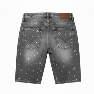 Men's Summer Casual Denim Shorts Solid Color <b>Washed</b> Rhinestone Embellishment Custom Logo Loose Fit Elastic Waist Latest Design - Product Image 2