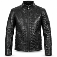 Veste en cuir véritable noir pour homme, texture croco gaufrée de qualité supérieure, col montant, fermeture éclair intégrale, coupe slim, style motard, vêtement d'extérieur tendance