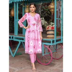 Ensemble Kurta décontracté pour femmes, teinte rose, tie-dye, manches trois quarts, doux et confortable - Product Image 5