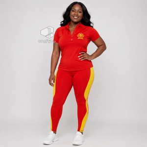 NSPDK Women's Workout Set Quarter Zip <b>Top</b> Short Sleeve High Waist <b>Leggings</b> With Contrast Golden Stripe Sports Activewear Set - Product Image 6