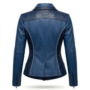 Shawl Lapel Womens Royal Blue Lambskin <b>Leather</b> <b>Jacket</b> Two Tone Fitted Slim <b>Blazer</b> Style Biker Outerwear Deep Navy - Product Image 2
