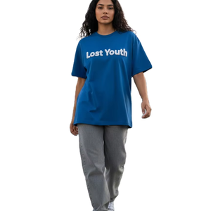 T-shirt décontracté pour femme Lost Youth, coupe classique, col rond, bleu vif, motif uni, manches courtes, tissu jersey en spandex/polyester - Product Image 3