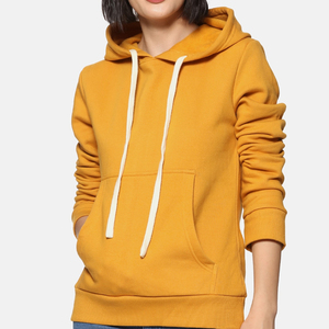 Sweat-shirt à capuche en molleton doublé jaune moutarde pour femme, 100% coton, manches longues, poche kangourou, vêtement décontracté pour l'hiver - Product Image 1