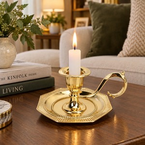 Gold Brass Chamberstick <b>Candle</b> Holder Handled Taper Stand Vintage Octagon <b>Dish</b> Base Candleholder Home Table Wedding Christmas - Product Image 2