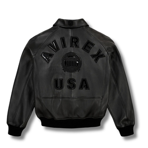 Blouson aviateur en cuir noir Premium Avirex Icon |   Patchwork architectural noir intégral brodé, vente en gros, meilleur prix - Product Image 2