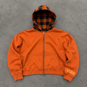 <span class=keywords><strong>Felpa</strong></span> Invernale da Uomo con Cappuccio, Zip e Fodera in Pile, Motivo a Quadri <span class=keywords><strong>Arancione</strong></span>, 350g, Stile Casual <span class=keywords><strong>Oversize</strong></span> con Logo sulla Manica Sinistra - Product Image 2