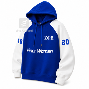 เสื้อฮู้ดดี้ชมรมนักศึกษาหญิงเซต้า ฟิ เบต้า ปักโลโก้ด้านหน้า สีน้ำเงินและสีขาว แขนสั้น ผ้าฝ้าย สำหรับผู้หญิง - Product Image 2