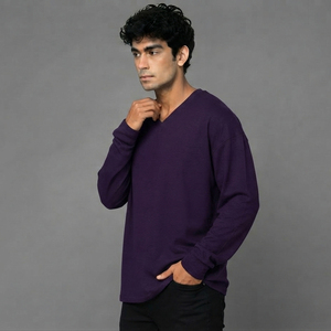 T-shirt col en V personnalisé pour homme, coupe oversize, manches longues, haute qualité, écologique, style décontracté, usage quotidien, vente en gros - Product Image 4