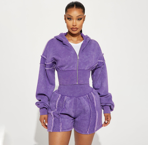 Conjunto de Sudadera Corta Morada con Volantes y Pantalones Cortos a Juego para Mujer, Estilo Y2K, Sudadera Tejida, Moda Otoñal - Product Image 1