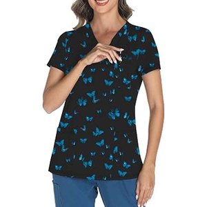 Women's Printed Floral <b>Scrub</b> <b>Top</b> Short Sleeve V-Neck Polyester Woven Hospital Uniform Blouse - Product Image 6