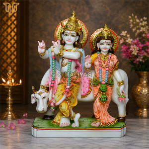 Marble Radha Krishna with Cow Statue | Handmade Through-Carved Religious Hinduism Murti | MALIYAS Home Decoration - Product Image 1