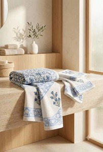 Reusable Cotton <b>Waffle</b> 1 Bath & 2 Hand Towel Set Floral Hand <b>Block</b> Printed Quick Dry Soft Rectangle Home Towels - Product Image 1