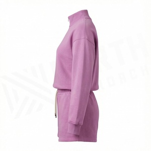 Ensemble en molleton 2 pièces pour femmes, sweat-shirt à demi-zip uni et short au-dessus du genou, coupe ample décontractée, vêtements de printemps et d'été - Product Image 3