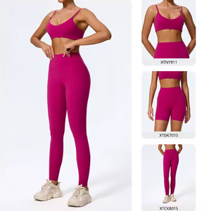Women Solid Color Seamless Yoga Sports <b>Bra</b> Set Medium Support <b>Spaghetti</b> <b>Strap</b> Scoop Neck High Waist Shorts For Workout - Product Image 4