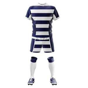 Ensemble short et maillot de football rayé bleu marine et blanc pour homme, sublimé, respirant, en polyester, coupe classique, toutes saisons, vêtements de sport pour adulte - Product Image 1