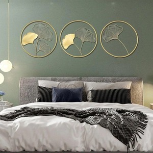Modern Gold Metal Ginkgo Leaf Wall Sculpture 3 Piece Set Circular Round Foliage Art <b>Decor</b> for <b>Bedroom</b> Living Room - Product Image 3