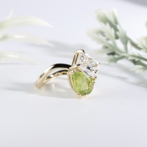 Toi Et Moi Lab Grown Yellow Gold Classic Engagement <b>Ring</b> Radiant Cut Green Peridot Pear Diamond <b>Two</b> <b>Stone</b> Wedding <b>Rings</b> - Product Image 4