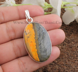 Colgante de Plata de Ley 925 con Bisel de Plata, Chapado en Platino, con Jaspe Abeja Natural, Joyería Genuina, Venta al por Mayor - Product Image 1