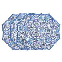 Set de Napperons Carrés de Luxe Bleu Indigo en Lin Imprimé à la Main avec Broderie Festonnée, Écologique, Style Bohème Floral pour la Table