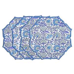 Indigo <b>Blue</b> Round Placemats Set Hand Block Printed Cotton with Scallop Embroidery Boho Floral <b>Table</b> <b>Mats</b> for Dining - Product Image 1
