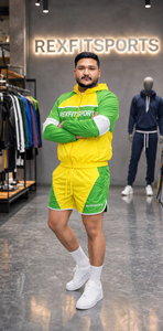 ชุดแจ็คเก็ตและกางเกงขาสั้นกันลมไนลอนสีเขียวเหลืองแบบกำหนดเอง REXFIT SPORTS 2026 แบรนด์ส่วนตัว เสื้อผ้าสตรีทแวร์ ชุดกีฬา เสื้อผ้าสตรีทแวร์สำหรับทุกเพศ - Product Image 2