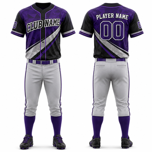 Conjunto de Uniforme de Béisbol Personalizado para Hombre, Color Morado y Negro con Estampado Geométrico, Manga Corta, Absorbente de Humedad, con Cierre de Botones - Product Image 1