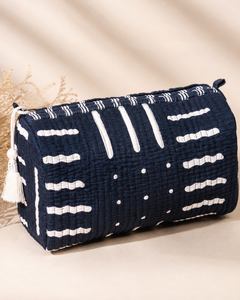 Wholesale Quilted Cotton Cosmetic Bag Set Block Print Travel <b>Makeup</b> Pouch Navy Blue Indigo Toiletry Organizer With Tassels - Product Image 1