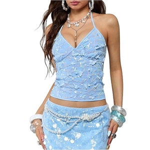 Women's Y2k <b>Sequin</b> Halter Crop <b>Top</b> Cute 3D Butterfly Glitter Coquette Party Club <b>Tops</b> - Product Image 3