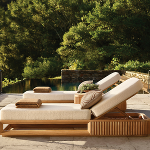 Chaise longue d'extérieur moderne en teck massif, dossier réglable, finition naturelle, durable, pour bord de piscine, mobilier minimaliste, personnalisable - Product Image 6