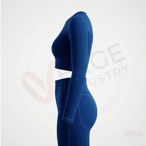 <b>Women</b> <b>Navy</b> <b>Blue</b> Ribbed Long Sleeve Crop <b>Top</b> High Waist Seamless Yoga Set - Product Image 3