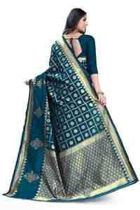 Sari de seda color verde azulado con borde dorado y motivos florales, sari para bodas y festivales, ropa tradicional india étnica para mujer - Product Image 3