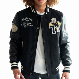 Veste universitaire unisexe noire en PU avec patchs brodés, col montant, fermeture boutonnée, style vintage, laine/polyester - Product Image 4
