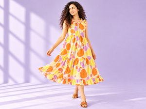 Vestido Midi de Algodón sin Mangas para Mujer, con Volantes en el Cuello, Estampado Abstracto Multicolor, Estilo Casual de Verano, Corte en A - Product Image 1